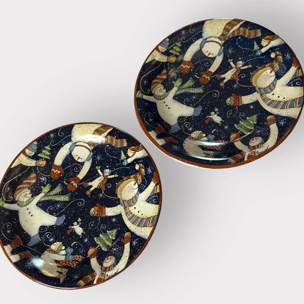 Certified International 2x Salad Dessert Plates TUMBLING SNOWMEN Susan Winget